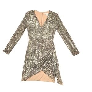 Dress The Population Alida Gold Sequin Long Sleeve Ruched Mini Dress Womens S